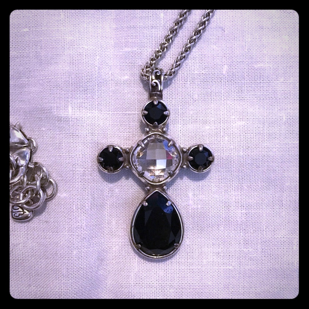 Elegant Black and Clear Stone Cross Pendant Necklace